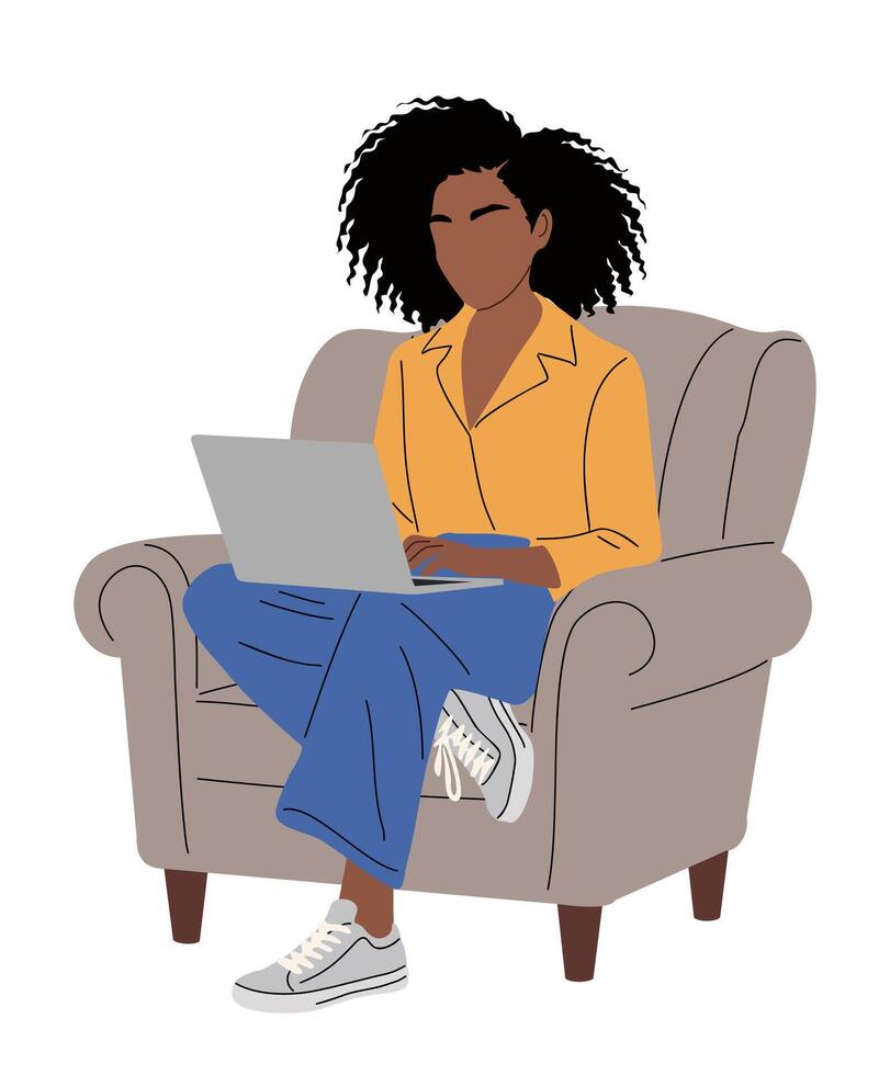 Black woman sitting in armchair, working on laptop vector