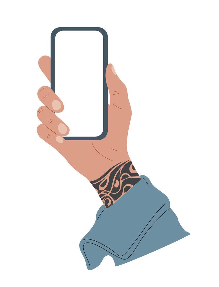 Tattooed hand holding smartphone with blank screen vector