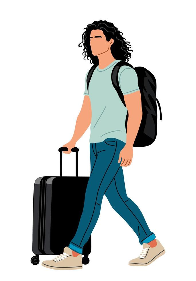 Young man walking with a suitcase and backpack vector