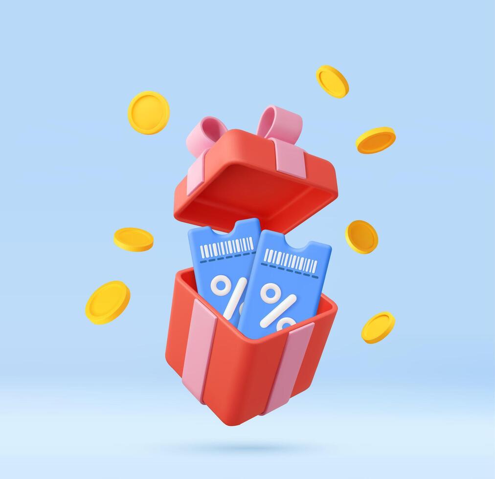 3d Red gift box with blue discount coupons inside and gold coins vector