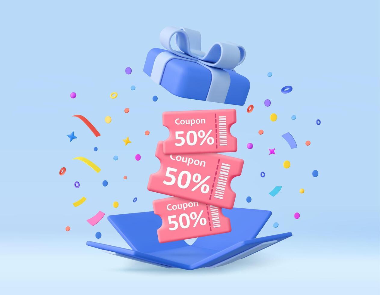 3d Blue gift box with floating discount coupons vector