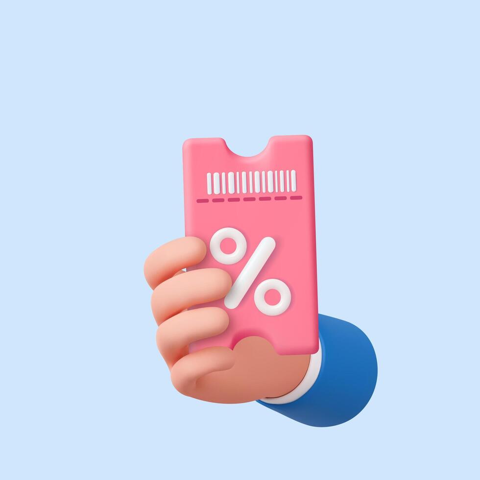 3D hand holding discount coupon with percentage sign vector