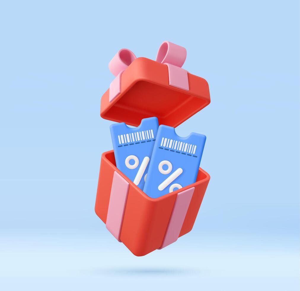 3d Red gift box with blue discount coupons inside vector