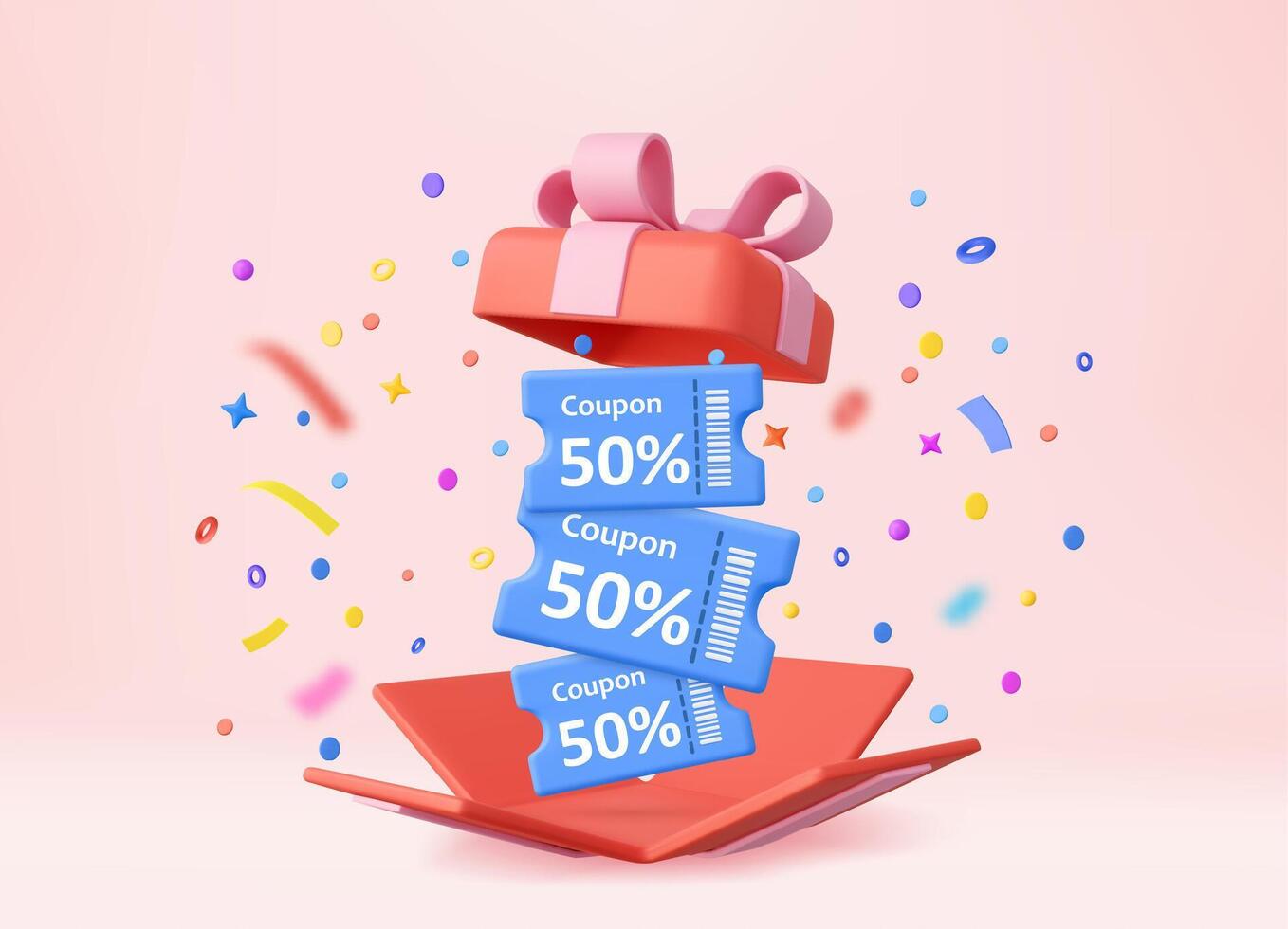 3d pink gift box with floating discount coupons vector
