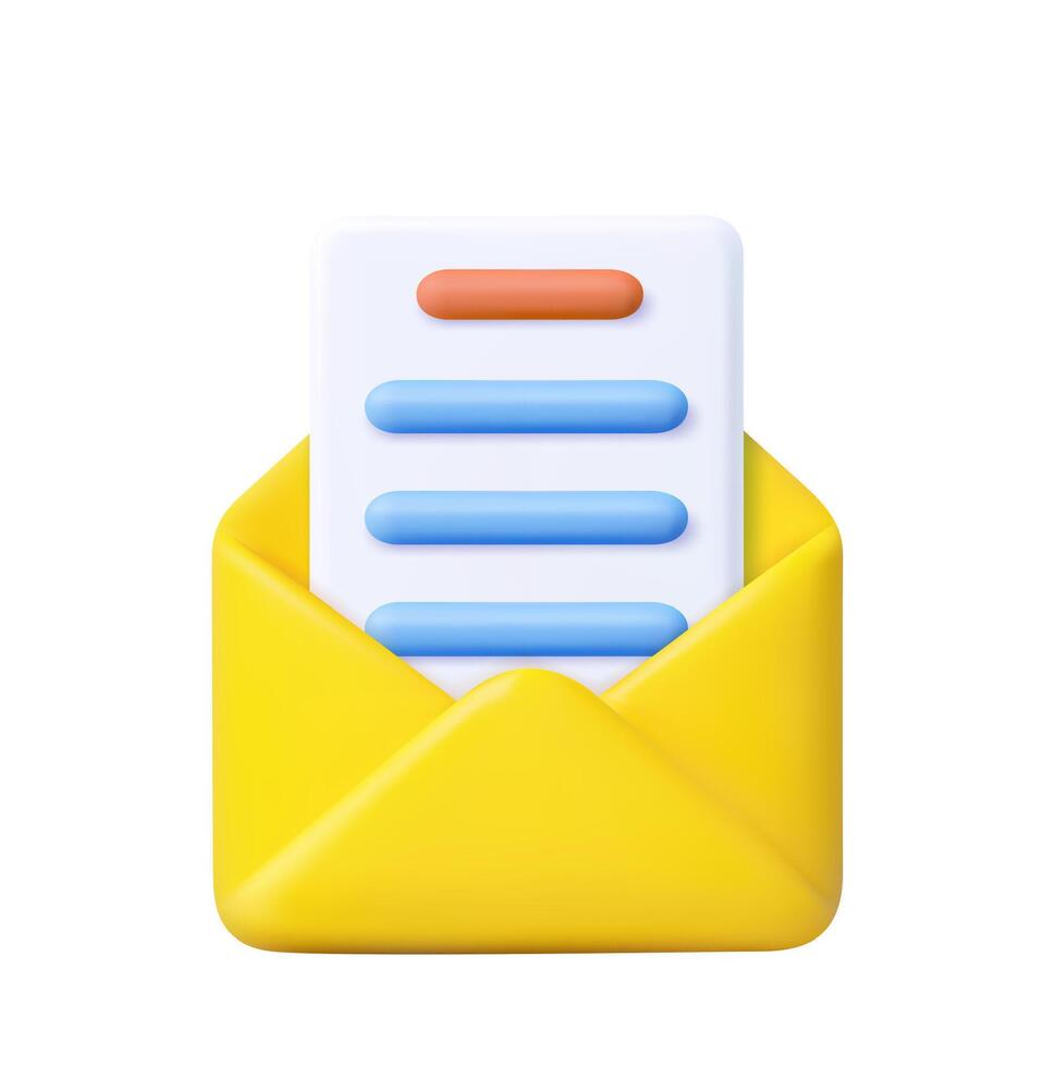 3D email icon with yellow envelope and letter vector