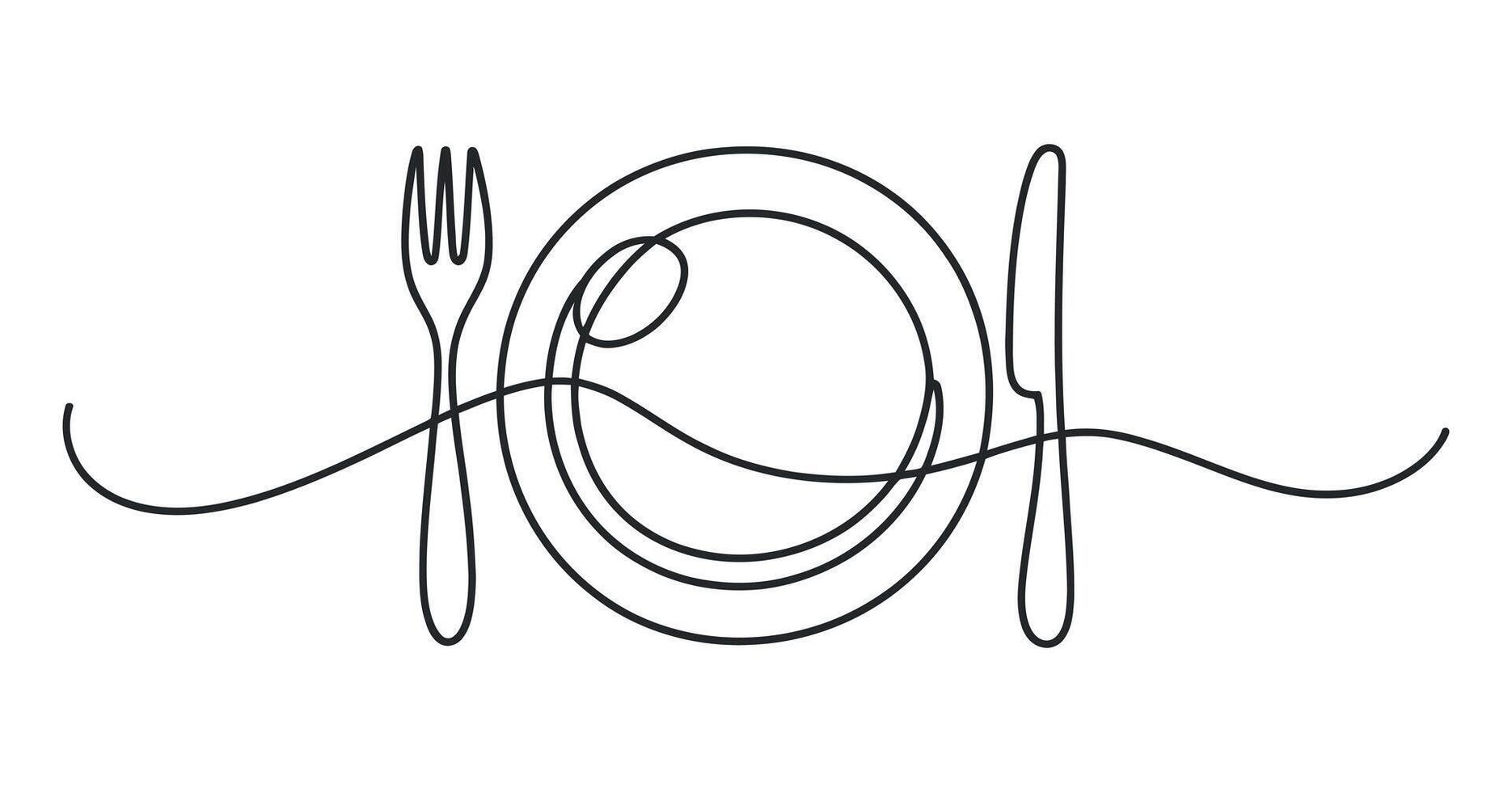 One Line Drawing of Fork Knife and Plate vector