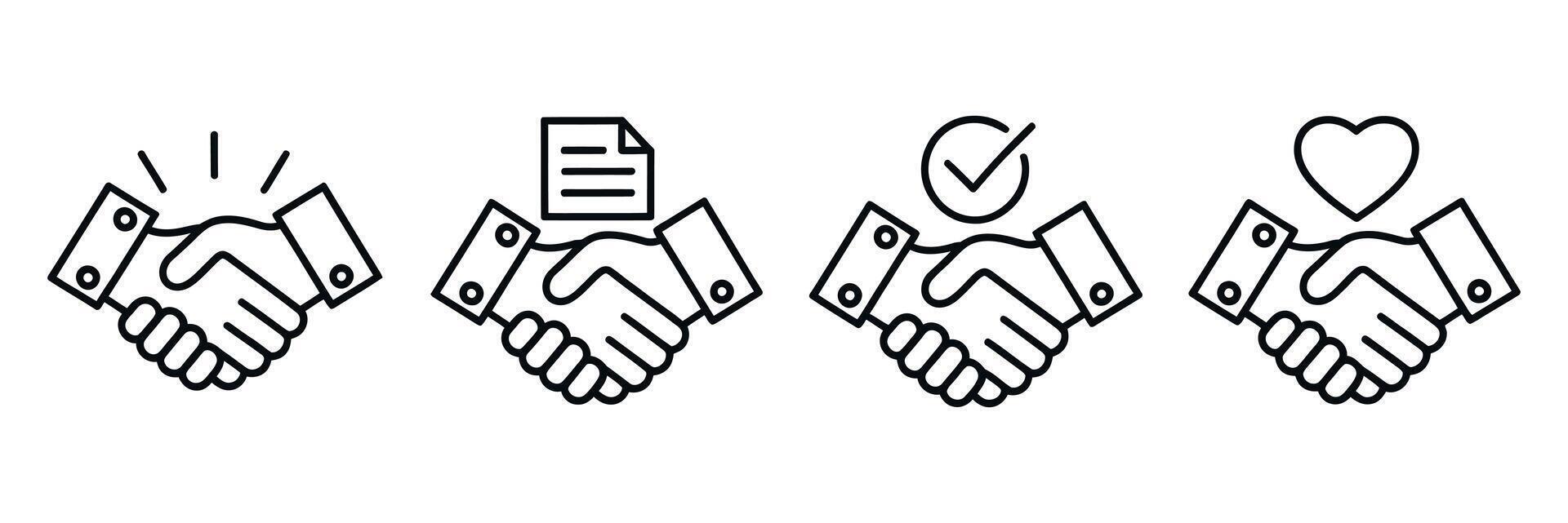 Business Deal Handshake Icons with Document Approval and Heart Symbol vector