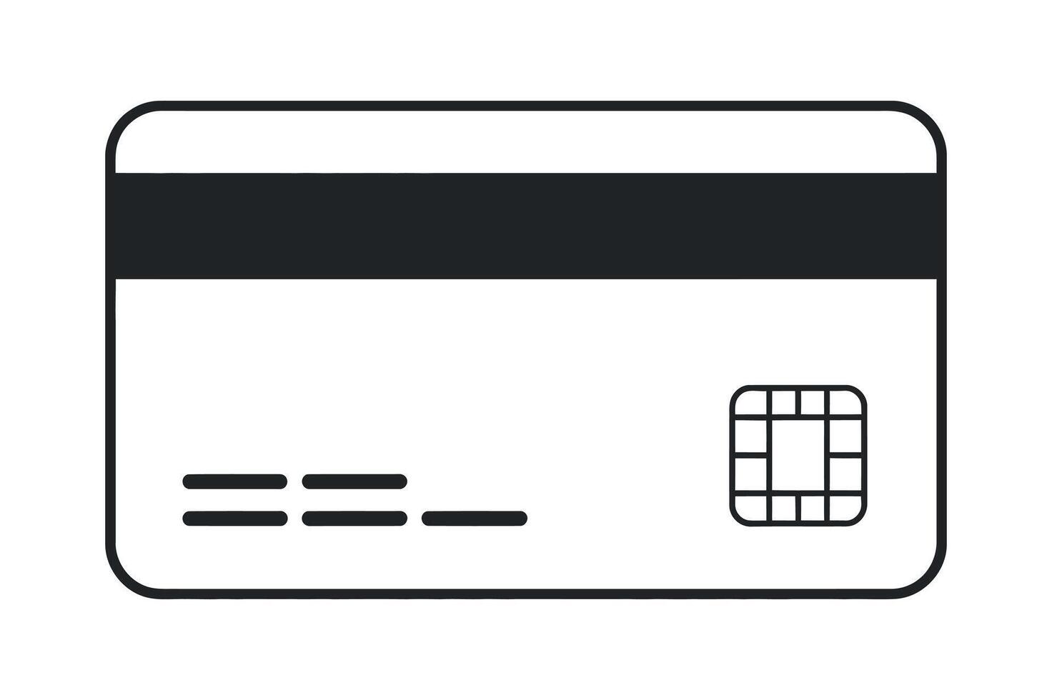 Simple black and white illustration of a credit card with magnetic stripe and chip vector