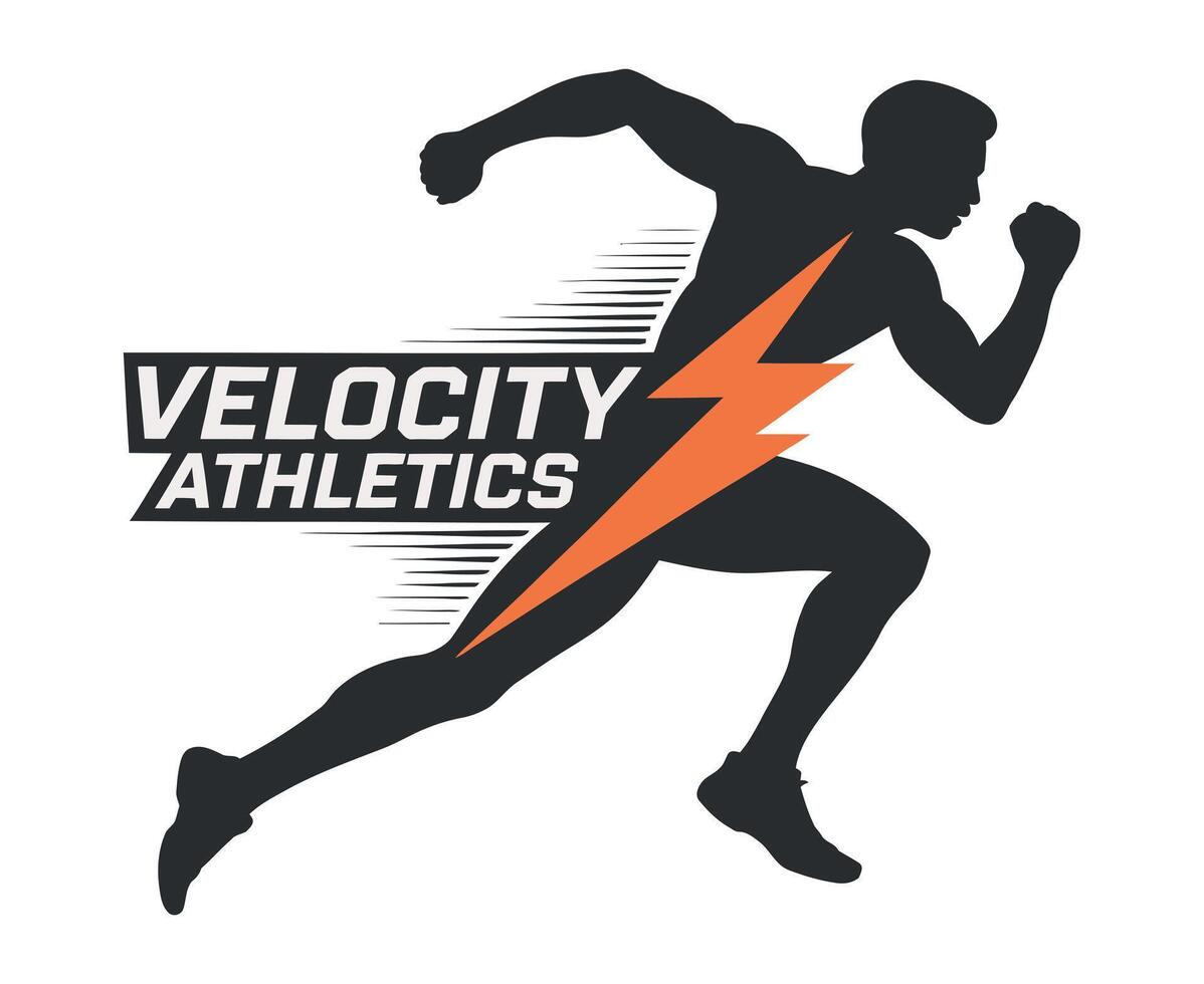 Velocity Athletics Logo Featuring a Running Silhouette with Lightning Bolt runner lightning bolt graphic running athlete sports logo silhouette fitness exercise velocity athletics vector