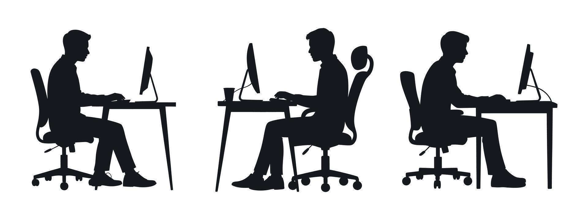 Three people sitting at their desks working on computers silhouettes vector