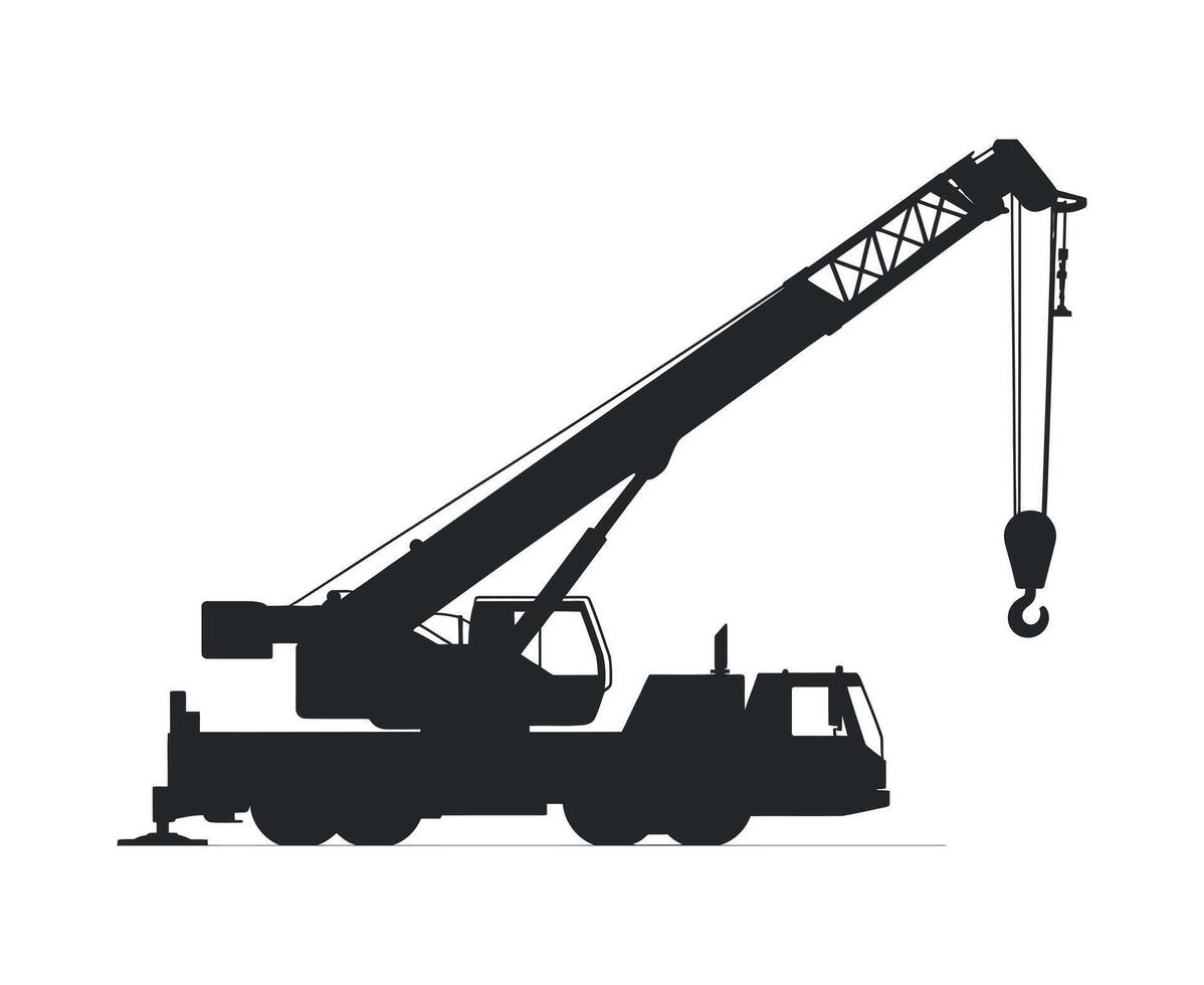 Silhouette of a Heavy Duty Construction Crane Truck Black silhouette large construction crane truck crane construction truck silhouette heavy duty equipment lifting machinery vector