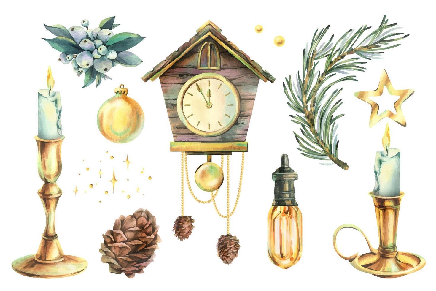Winter decor elements including a clock vector