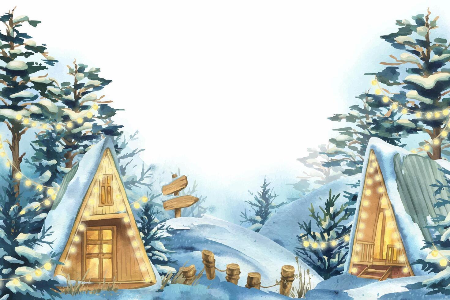 Winter cabins in a snowy forest scene vector
