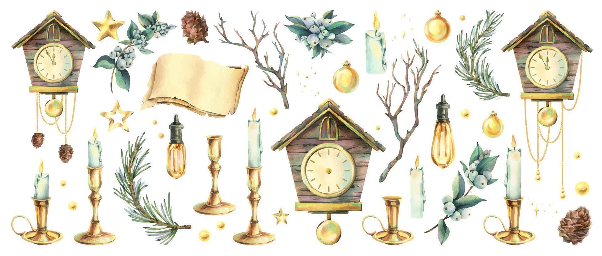 Winter decor elements with clocks and candles vector