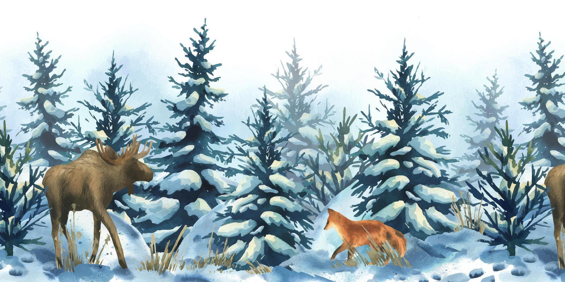 Moose and fox in snowy forest vector