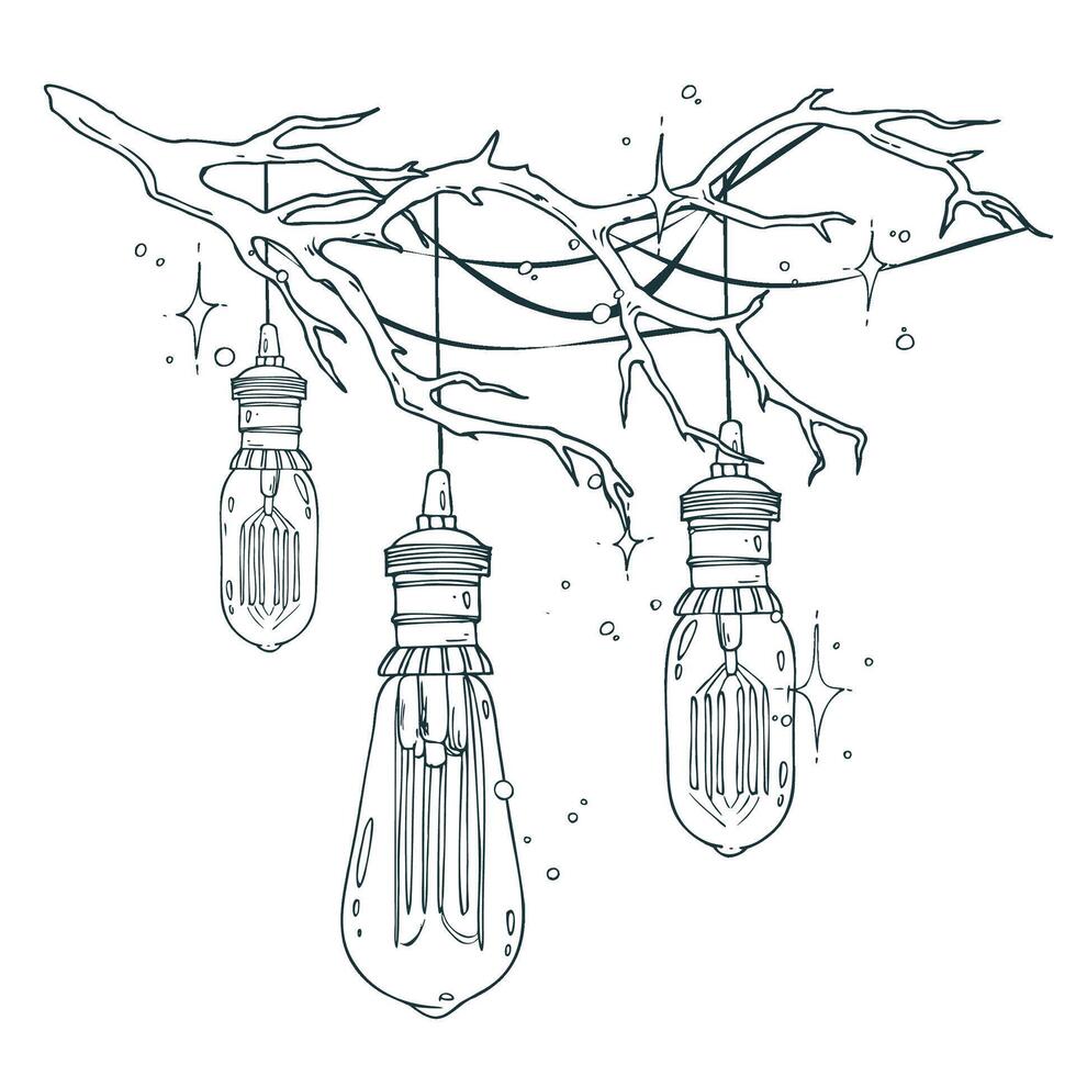 Hand drawn line art composition with vintage bulbs on a branch. Ink sketch in black and white. Perfect for winter holiday cards, invitations, banners, and festive design projects. vector