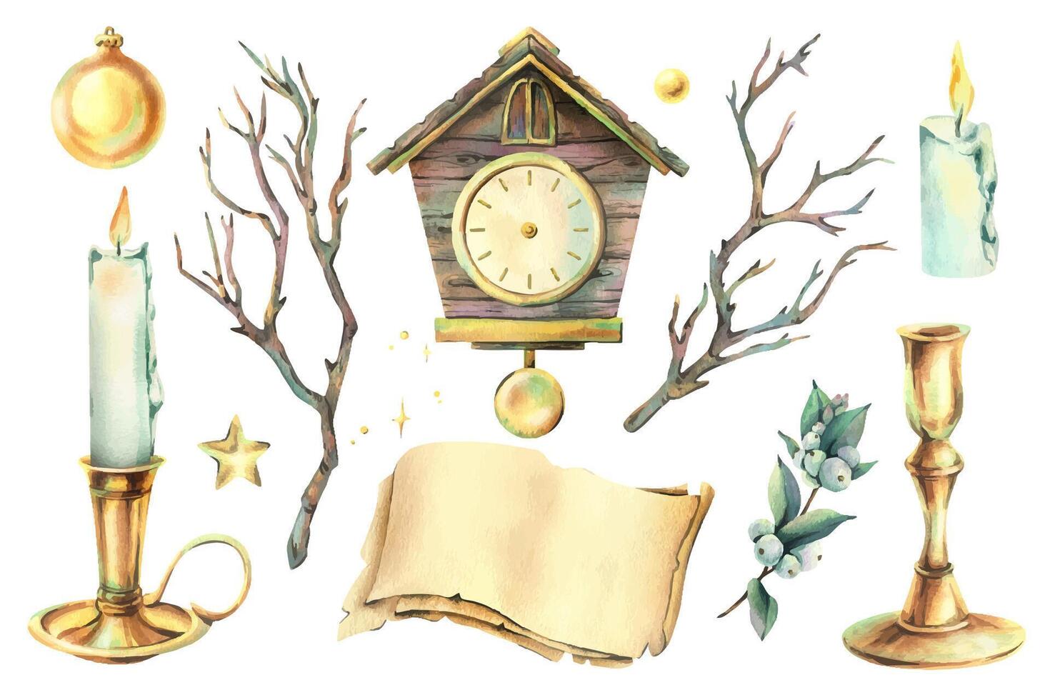watercolor clock and candle illustrations vector