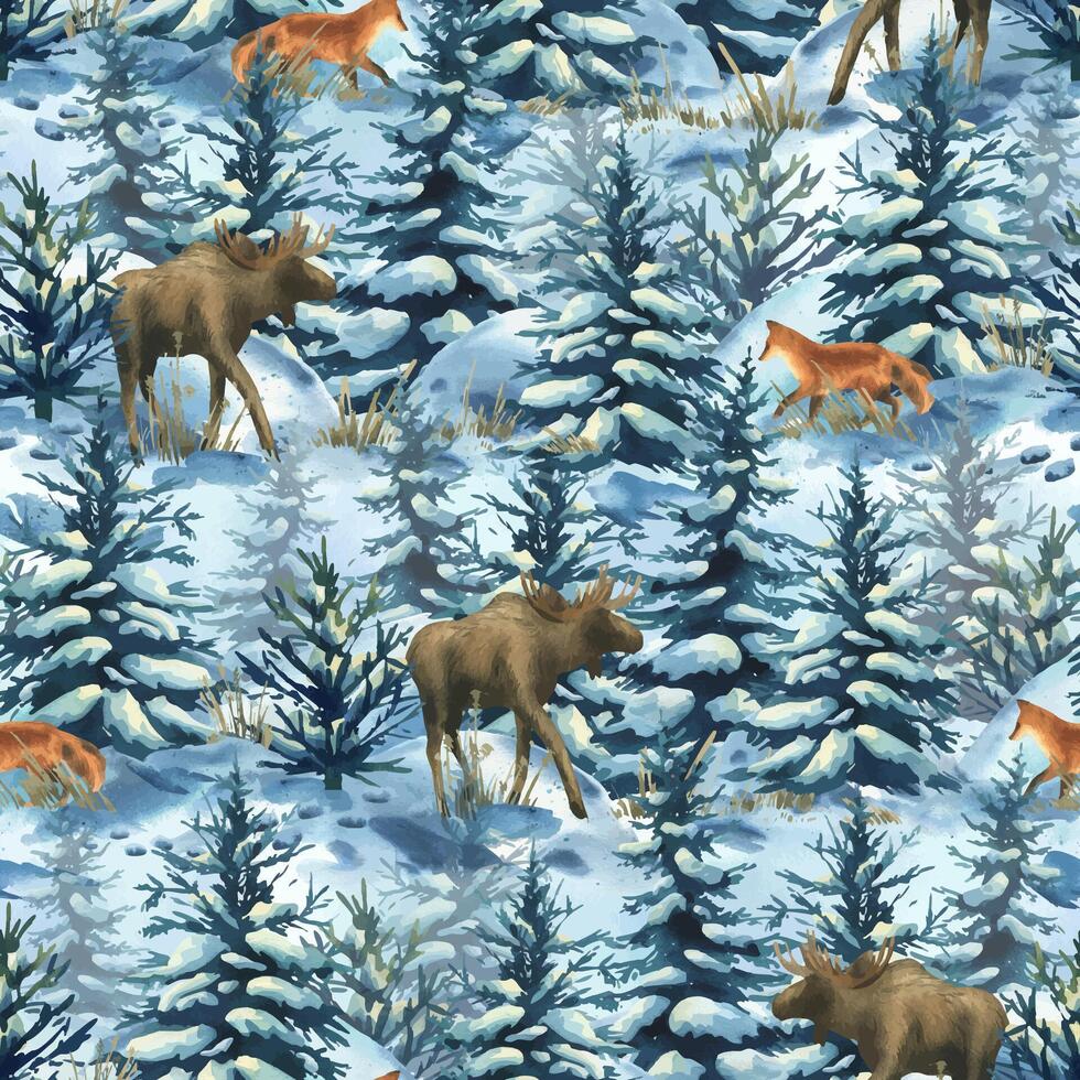 Winter wildlife pattern with moose and foxes vector