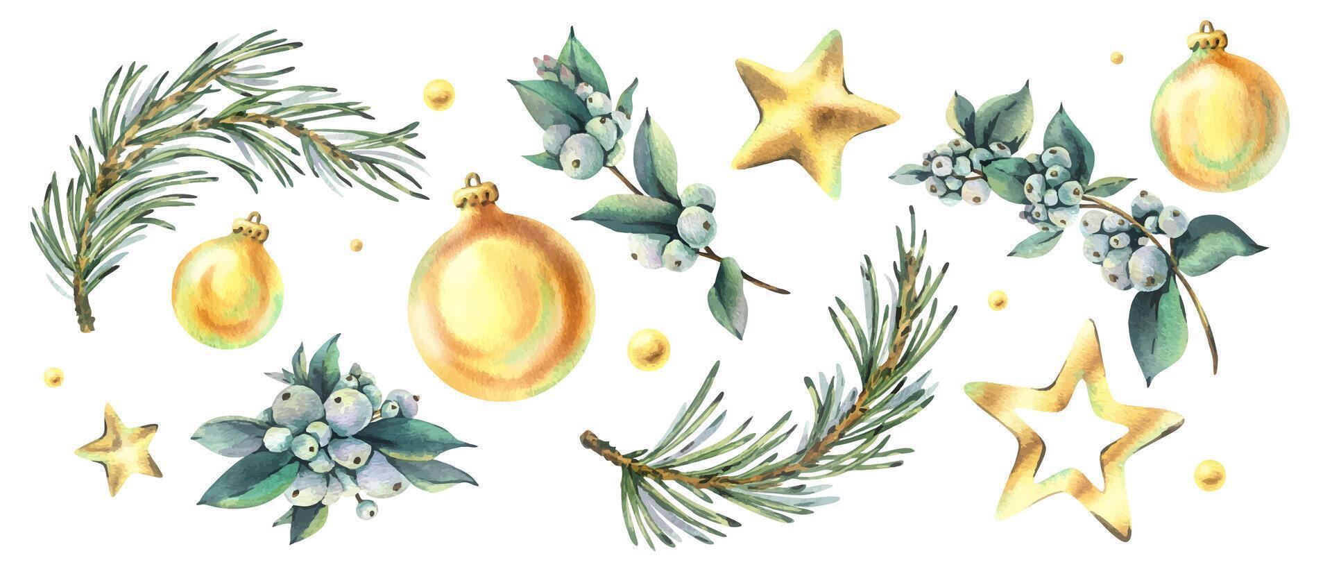 Holiday decorations with gold ornaments and greenery. vector