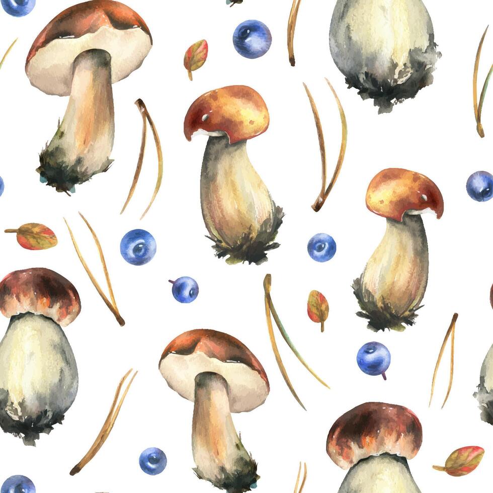 Watercolor mushrooms and blueberries design vector