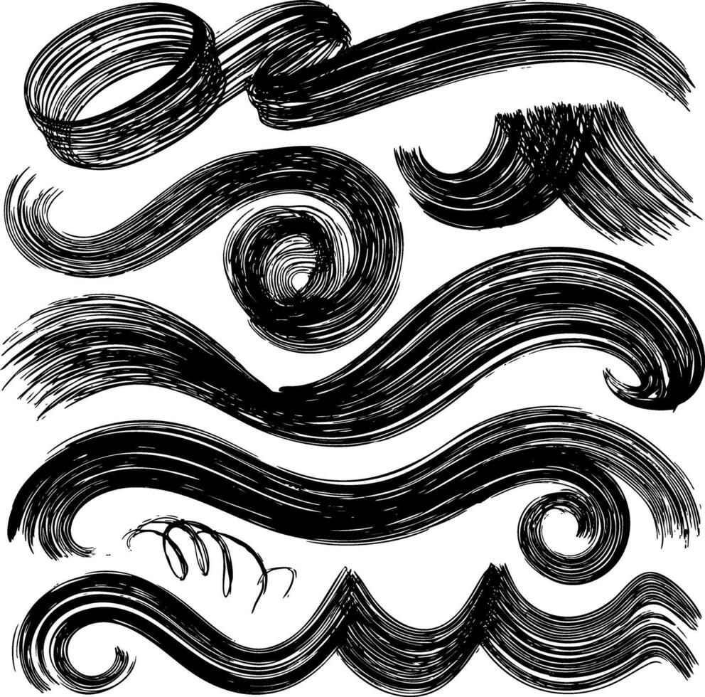 A set of hand-drawn grunge swirls and brush strokes. Includes circular scribbles, bold textures, and sketchy lines, adding dynamic detail to artistic backgrounds and overlays. vector