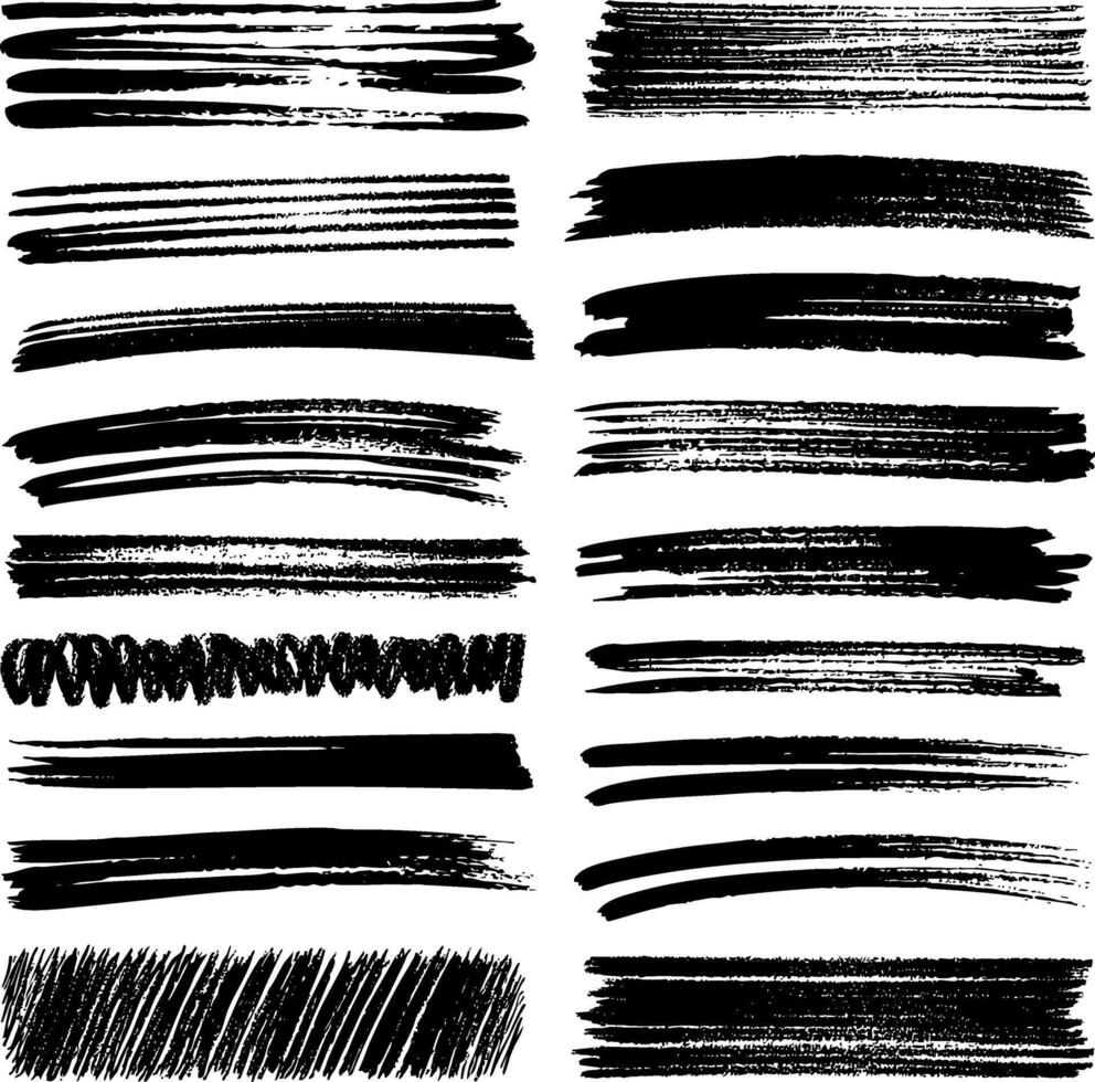 A set of hand-drawn brush strokes with curved, dynamic shapes. Bold grunge textures and dry brush effects, enhancing banners, underlines, and artistic overlays. vector
