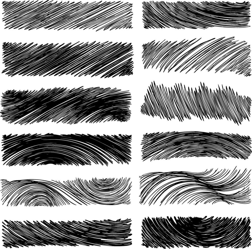 A collection of hand-drawn grunge textures. Square shapes filled with dense hatching and sketchy lines, adding dynamic detail and visual interest to artistic backgrounds and overlays. vector