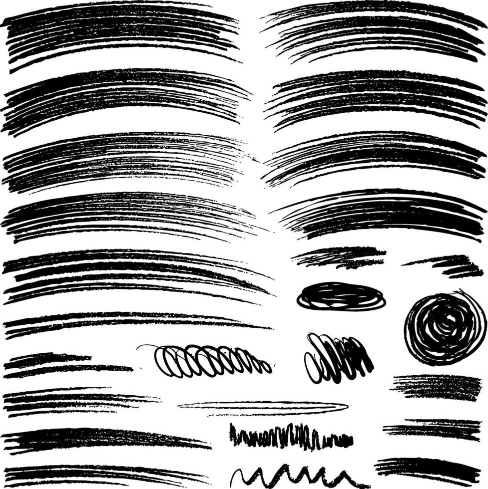 A set of hand-drawn brush strokes and scribble lines. Includes bold hatching, wavy banners, and expressive marks for adding dynamic texture to creative compositions. vector
