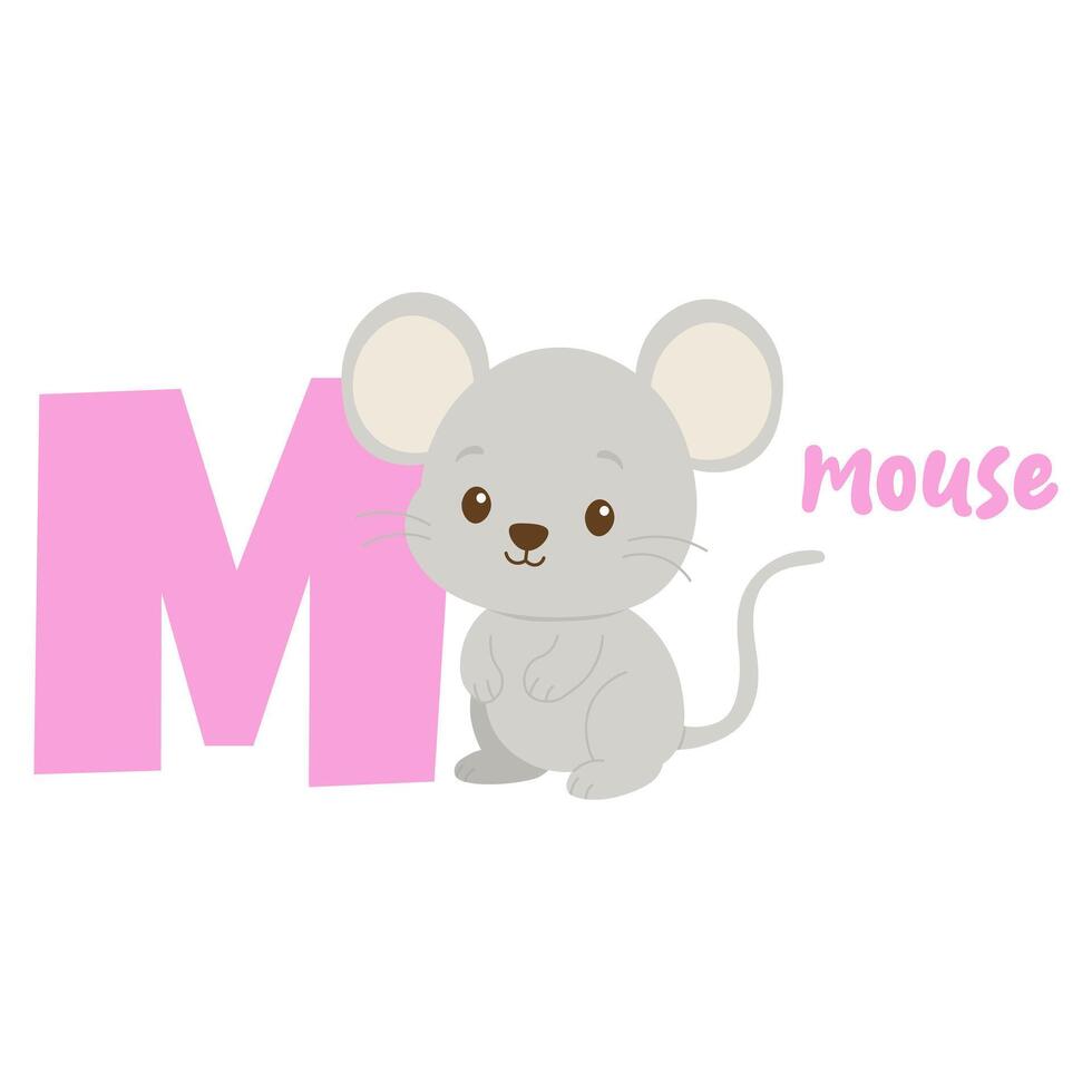 Mouse letter M alphabet cute animal illustration. Cartoon mouse learning english alphabet. Nursery wall art mouse. vector