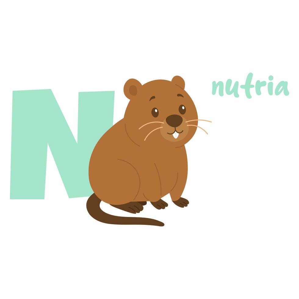 Nutria cartoon animal for kids alphabet. Letter N learning flashcard. Cute illustration for education. vector