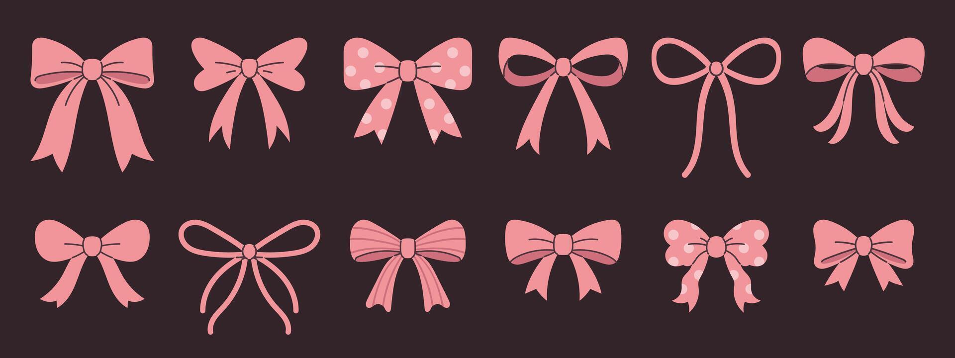 set of pink ribbon bows for gift wrapping. Cute fashion accessories for girls in coquette aesthetics. Collection of romantic bows for decoration. vector