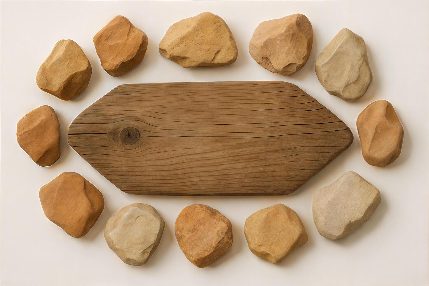 Still life featuring rustic wood plank surrounded by earth toned river rocks on a simple white surface photo