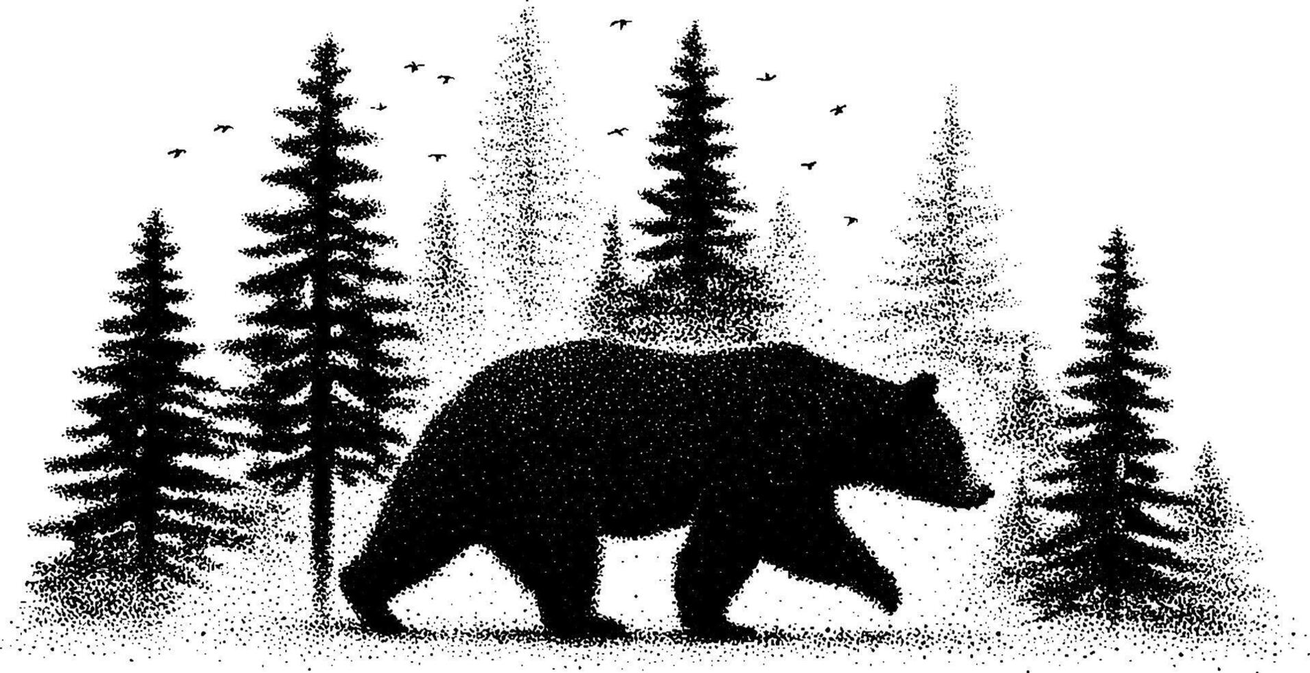Bear and pine trees in a stipple art forest set. Black and white silhouette wildlife illustration with birds in the background. vector
