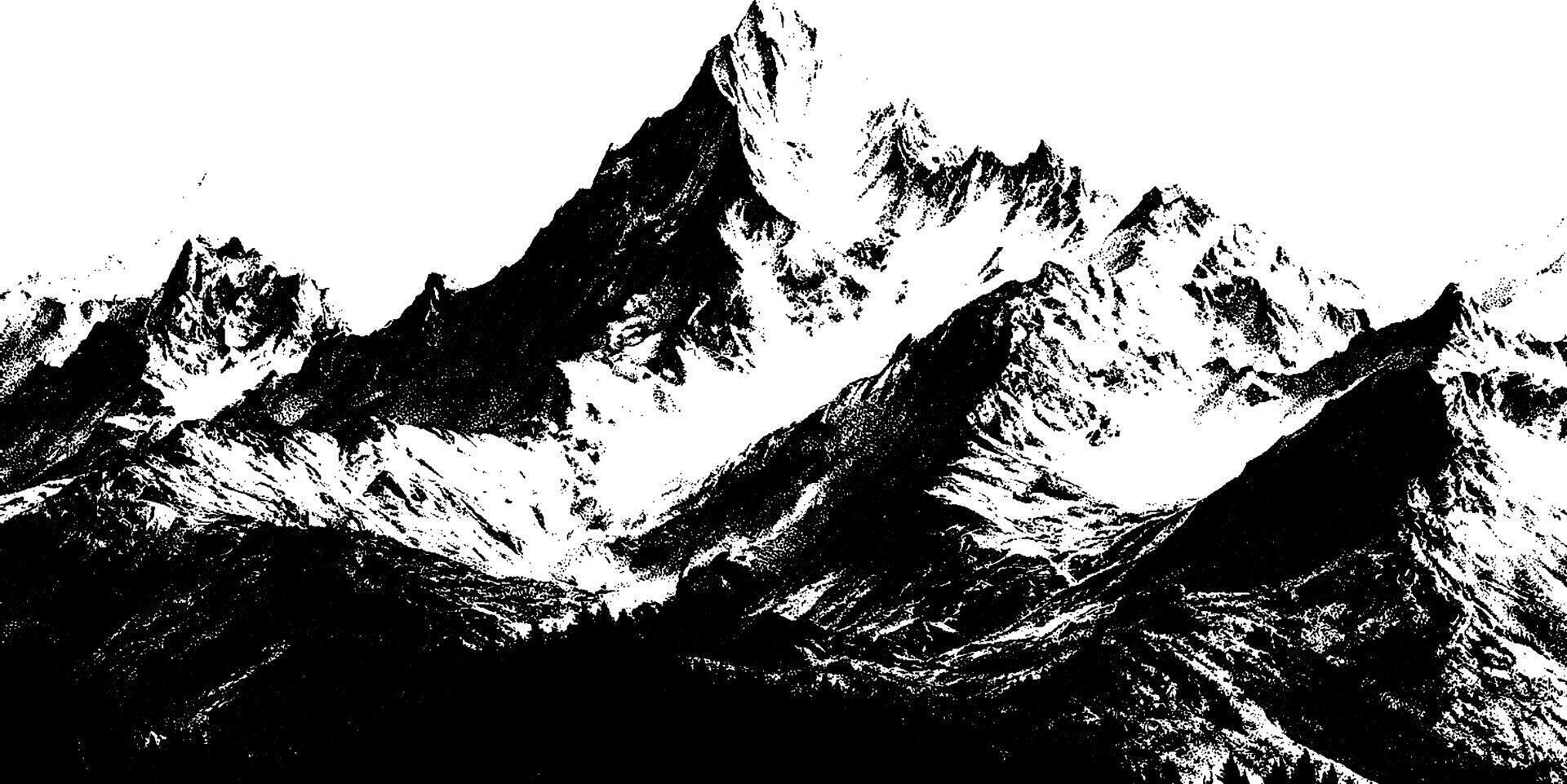 Mountain landscape with peaks in stipple style. High-contrast black and white illustration with detailed texture. vector