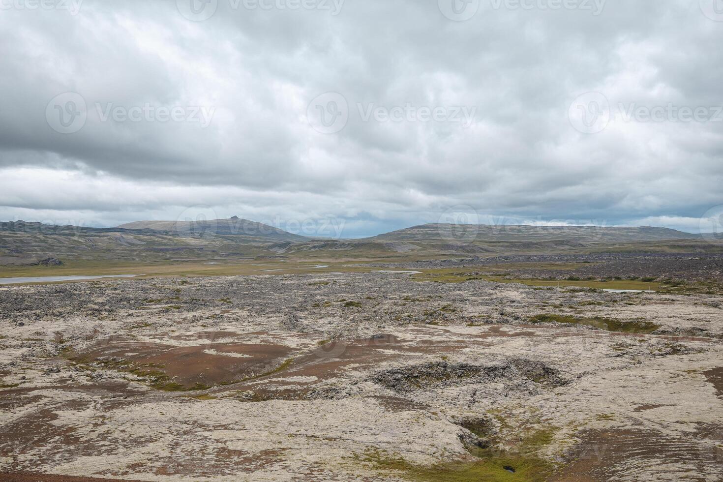 Vast lava field blanketed with soft moss stretches to the horizon on the Snafellsnes Peninsula in Iceland. The overcast sky adds a moody atmosphere to the rugged volcano photo
