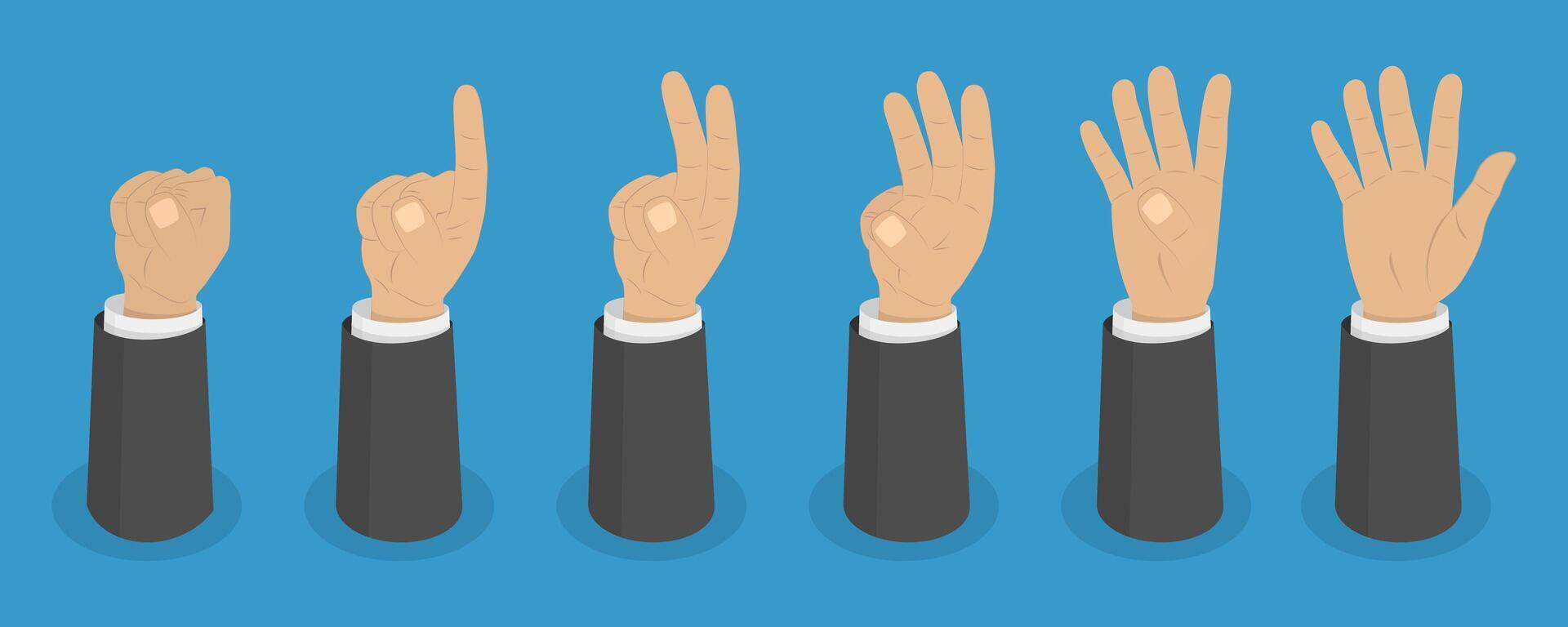 3D Isometric Flat Set of Human Hands Gestures, Counting Numbers from Zero to Five vector