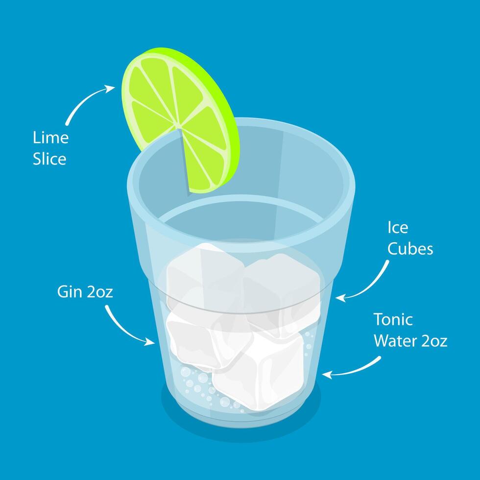 3D Isometric Flat Illustration of Tonic Cocktail Recipe, Ingredient Proportions vector