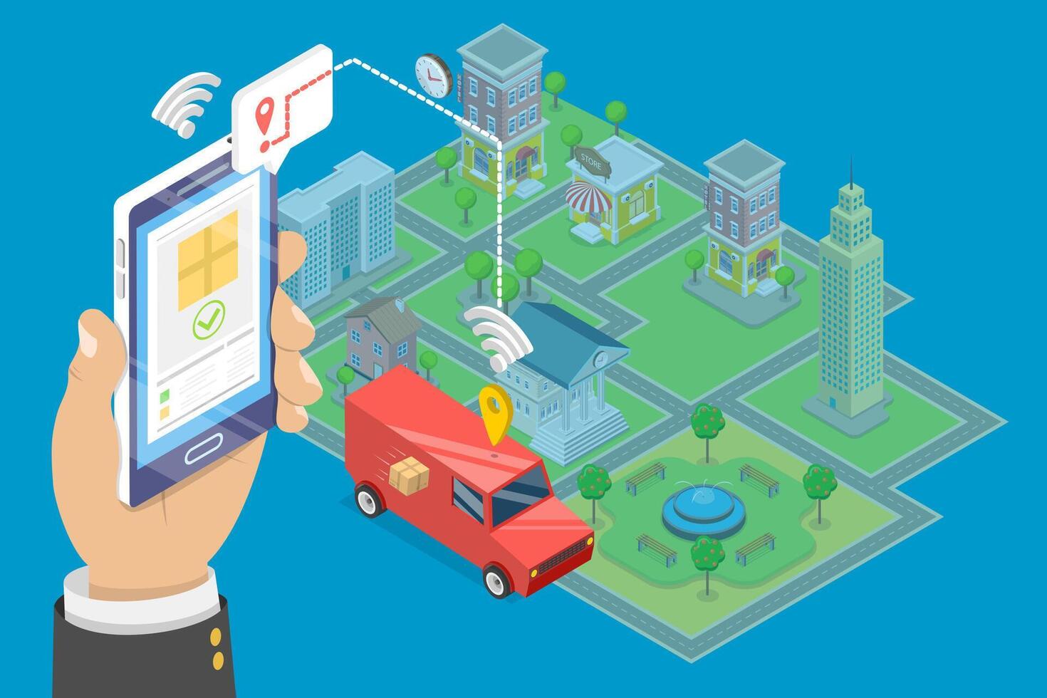 Smartphone tracking delivery in city vector