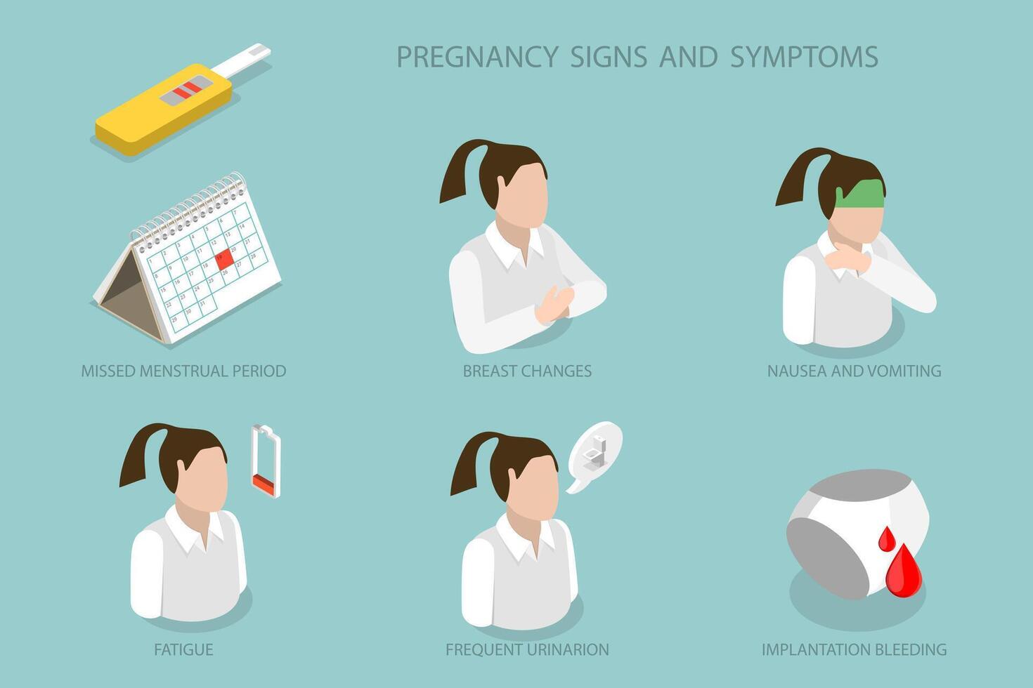 3D Isometric Flat Illustration of Pregnancy Signs And Symptoms, Morning Sickness, Nausea, Feling Bloated, etc vector