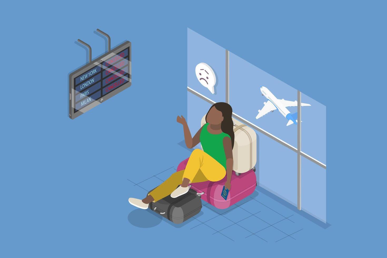 3D Isometric Flat Illustration of Flight Cancellation, Angry Character Waits Among Luggage for Delayed Flight vector