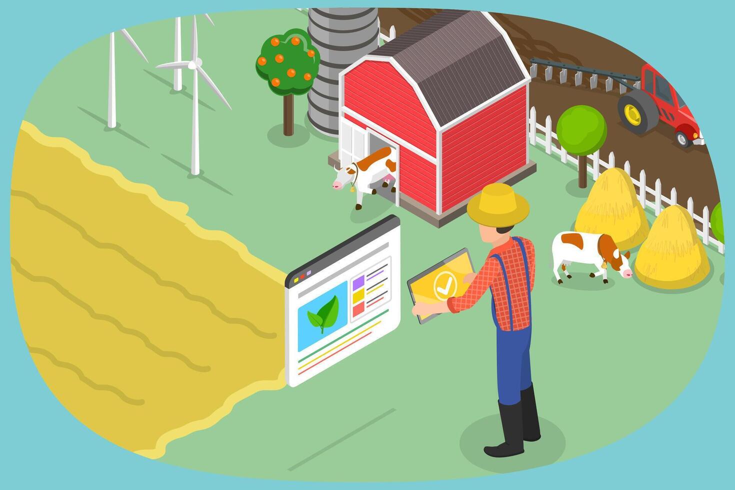 3D Isometric Flat Illustration of Smart Farming, Farmer Utilizing Technologies For Field Control And Monitoring vector