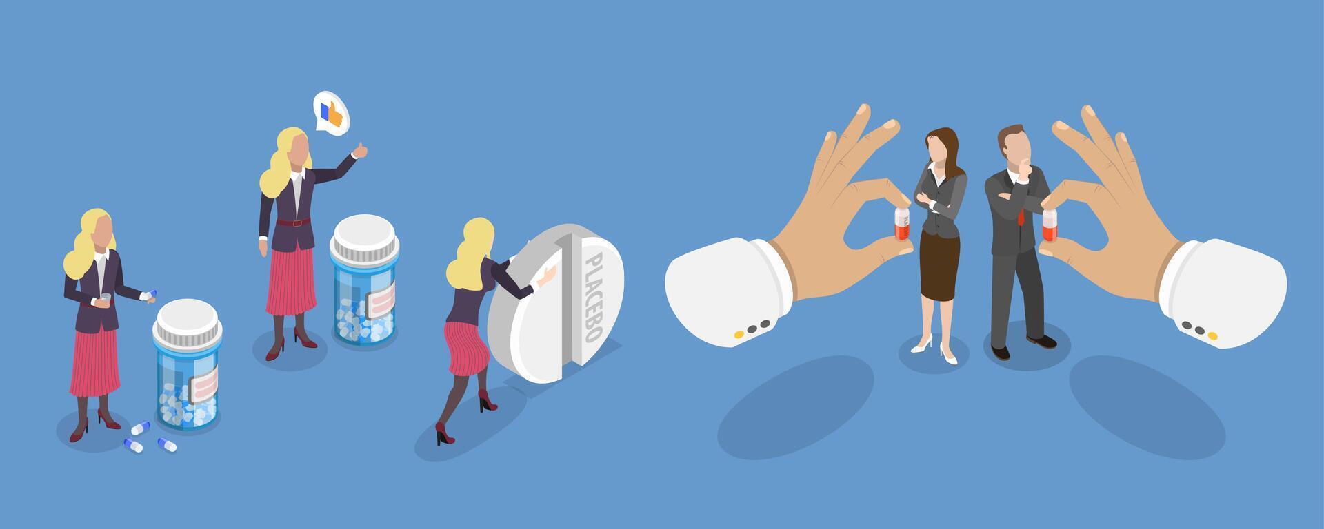 3D Isometric Flat Illustration of Placebo Effect, Fake Treatment, Belief influence vector