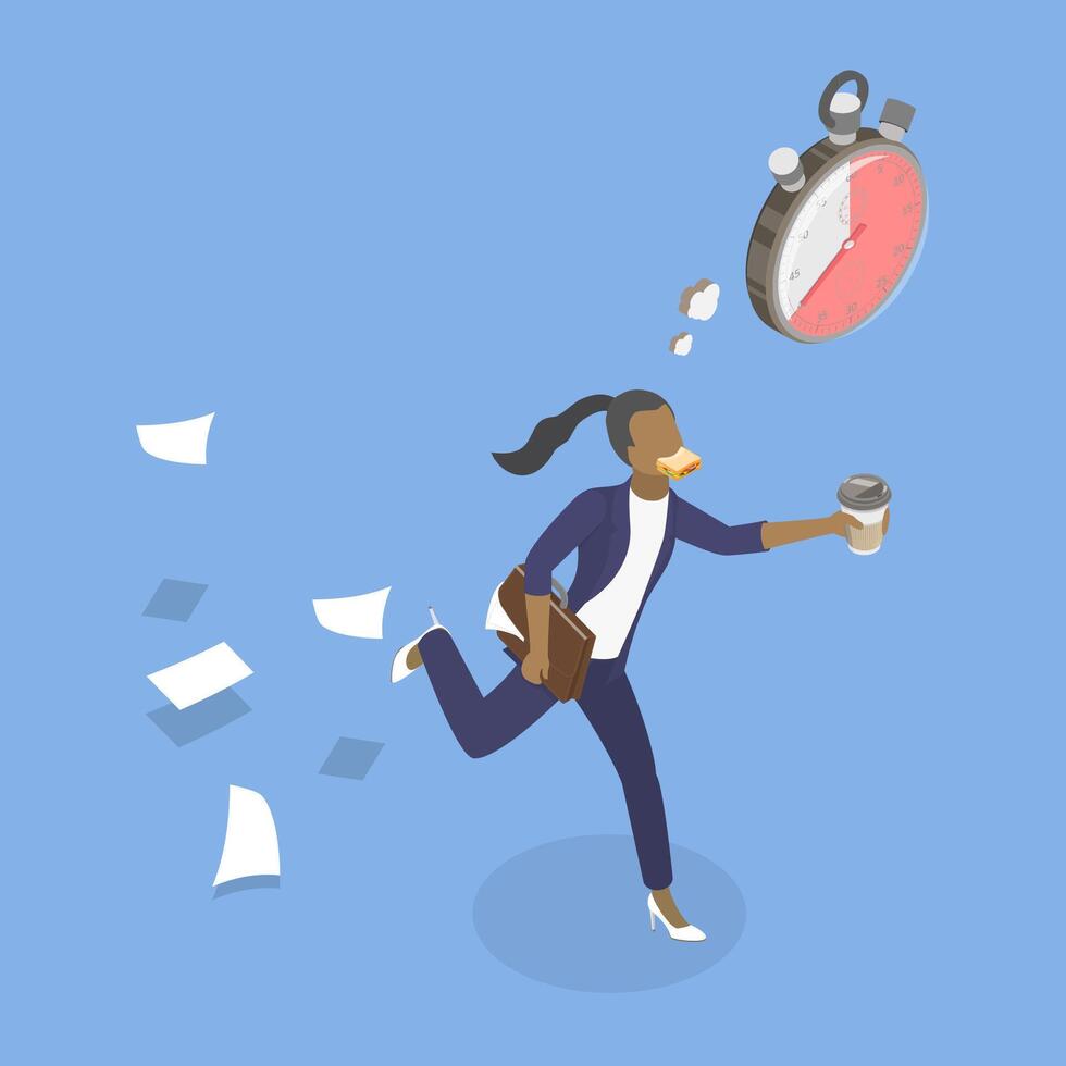3D Isometric Flat Illustration of Fast Lifestyle, Busy Student Girl Rushes to Eat on the Go vector
