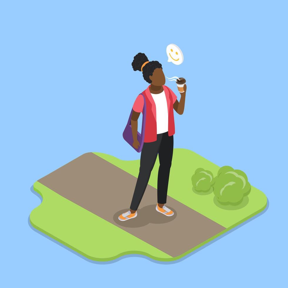 3D Isometric Flat Illustration of Morning Refreshment, Woman Drinking Coffee vector
