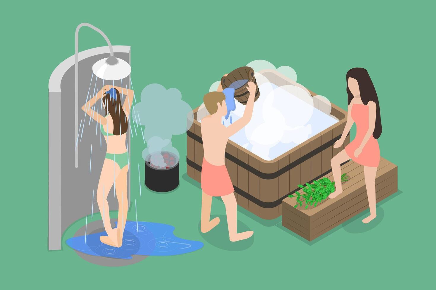 3D Isometric Flat Illustration of Public Sauna, Wellness Spa Treatment vector