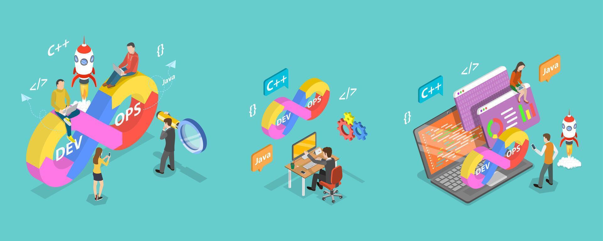 3D Isometric Flat Illustration of DevOps, Streamlineing Development And Operations Processes vector