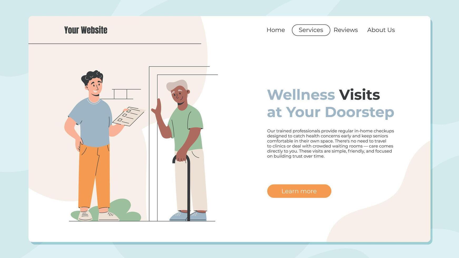 Website flat Template with Friendly Doctor Visiting Elderly Patient at Home. Perfect for Senior Care, Home Health Services, and Medical Assistance Concepts. vector