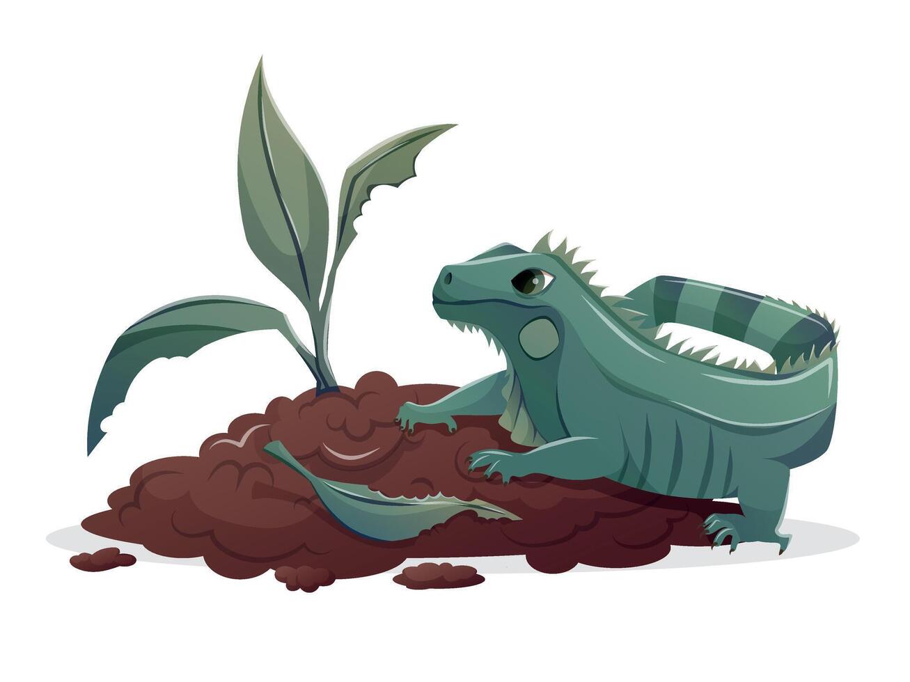 Cartoon isolated green iguana as a garden pest near a damaged plant with bitten leaves and a disturbed garden bed. Concept of reptile threat to backyard crops and natural pest control. vector