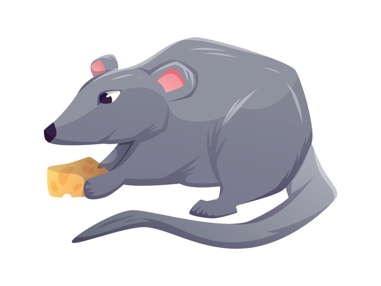 Cute isolated gray mouse holding a cheese piece, cartoon illustration of a rodent in side view. Perfect for animal designs, kids projects, education, or pest control concepts. vector
