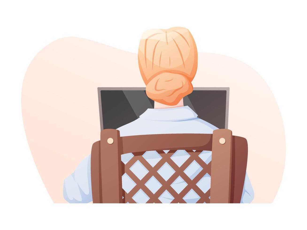 cartoon illustration of a woman working or studying at a laptop from home. Back view of a person at a desk. Concept of remote work, online learning, and digital lifestyle. vector